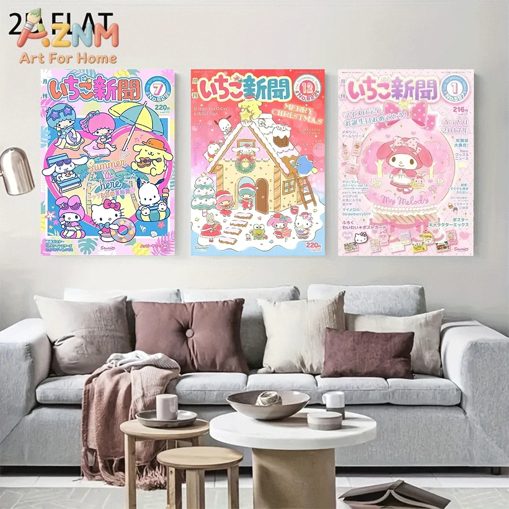 AZNM Sanrio My Melody Canvas Wall Art Unframed Cute Cartoon Magazine Cover Summer Christmas Birthday Theme Print Painting Bedroo