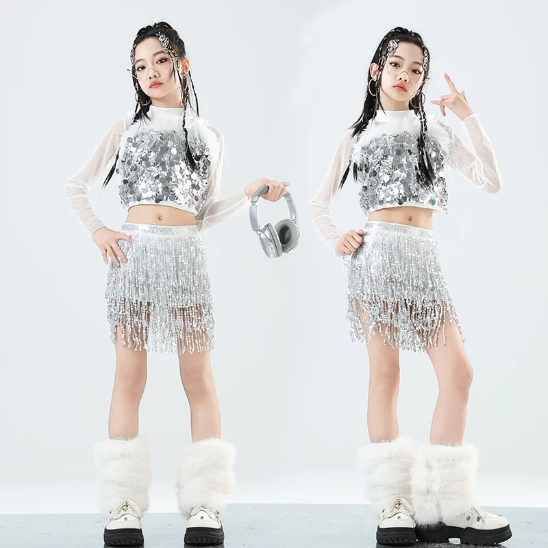 Mädchen K-pop Silber Pailletten Mesh Crop Top Street Dance Hosen Kinder Hip Hop Shiny Streetwear Kinder Jazz Mädchen Gruppe kleidung Sets