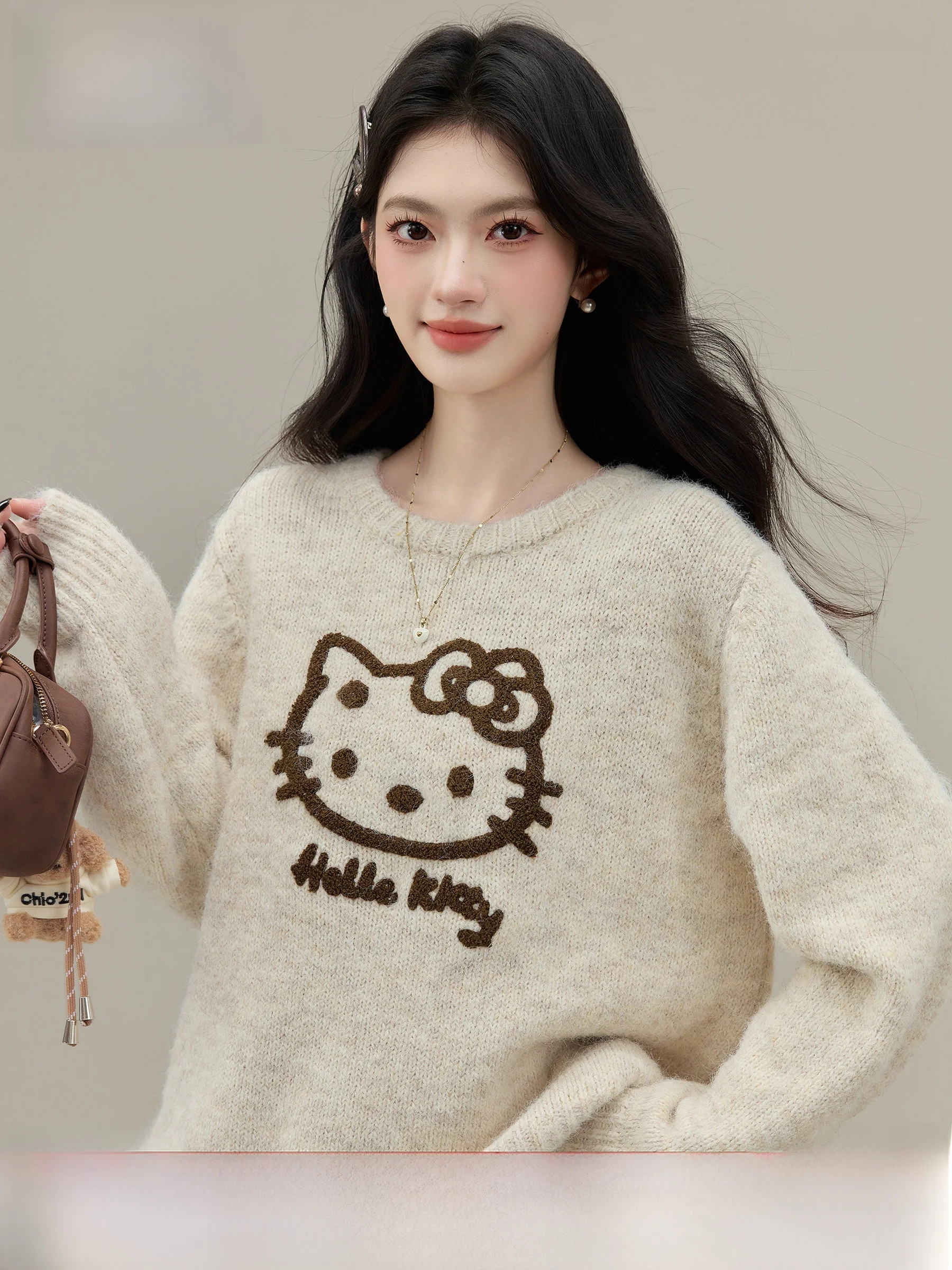 

Мягкий и уютный женский вязаный свитер с длинными рукавами, свободного кроя, с мультяшным дизайном, осенне-зимний, модный, высококачественный, повседневный трикотаж