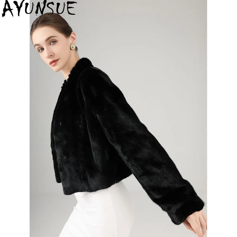 AYUNSUE Cappotto di pelliccia vera Donna Giacche invernali di lusso Donna Colletto alla coreana Giacca di pelliccia Visone intero Cappotti di pelliccia nera Abbigliamento donna Шу].