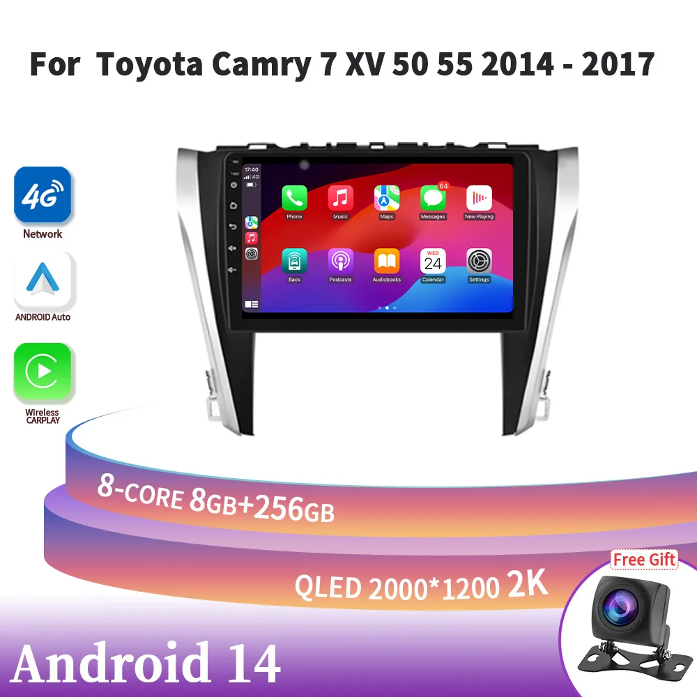 

Auto Radio Multimedia Navigation 4G GPS Android 14 Car Screen For Toyota Camry 7 XV 50 55 2014-2017 2Din Wireless Carplay Stereo