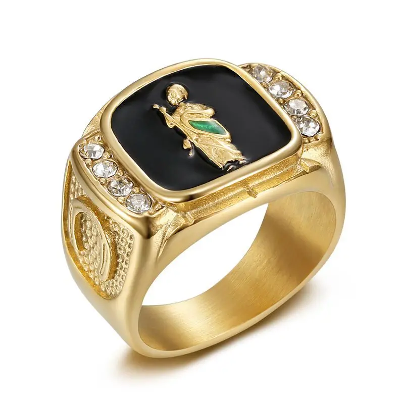Titanium Steel Catholic Patron Saint St Benedict of Nursia Holy Medal Cross Round Finger Rings for Men Hip Hop Rapper Jewelry