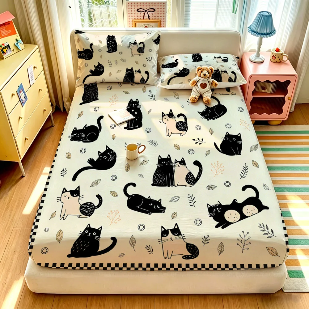 Cute Black Cat Fitted Sheet 3PCS Set Cartoon Cat Pattern Bedding Set 1 Fitted Sheet + 2 Pillowcases for Kids Bedroom