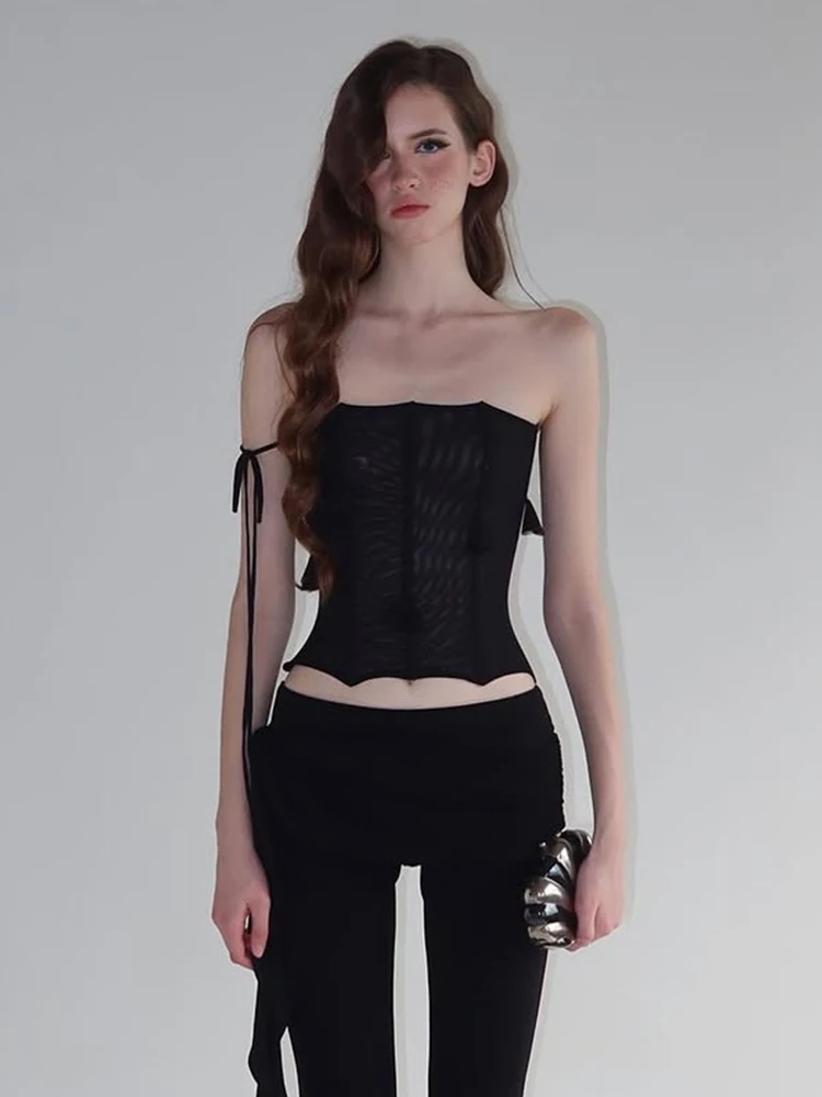 WEIRD PUSS High-Cold Beau Pure Desire Micro-Transparente Ne Top de tubo colgante mujeres Sexy exposición de hombro Top versátil