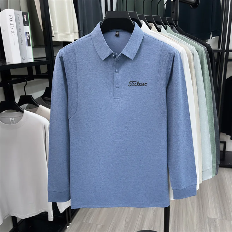 Original Herren Langarm-Poloshirt, schnelltrocknend, atmungsaktiv, mit Revers und Knöpfen, exquisiter Buchstabendruck, Herbst-Freizeit-Sportbekleidung für Herren – Detail 10