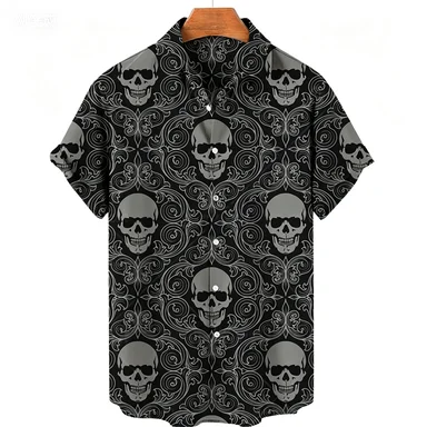 New Dark Checkered Skeleton Themed Short Sleeved Shirt for Men Thin and Breathable Shirt