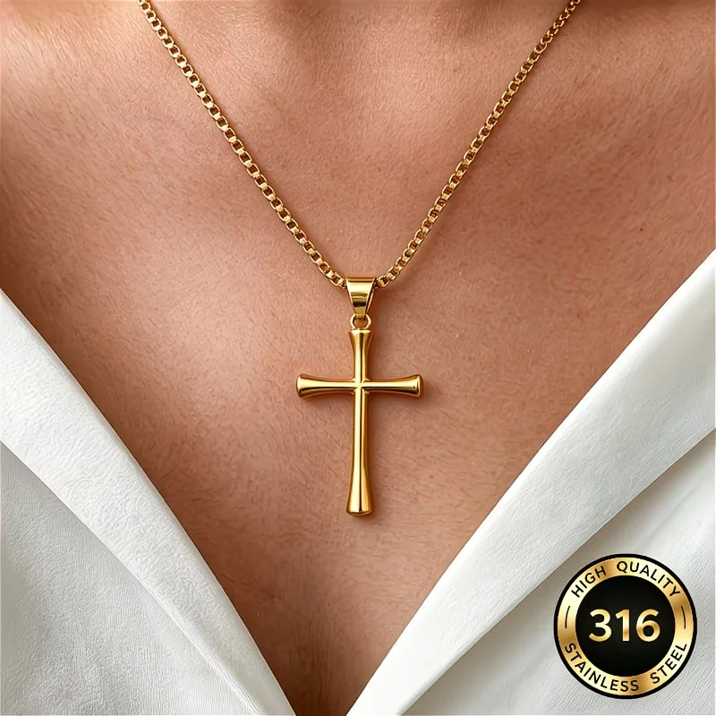 Golden Stainless Steel Necklace Cross Pendant Hip-Hop Street Fashion Men Women Jewelry Party Simple Christian Jesus Collocation