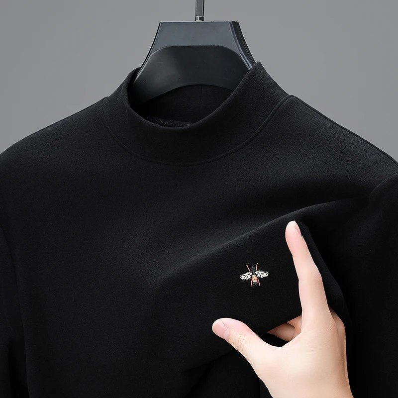 Man Luxury Long Sleeves T-Shirt Double-Sided Velour Mock Neck Bee Embroidery Letters Autumn Colorfast Warm Leisure Mens Clothing