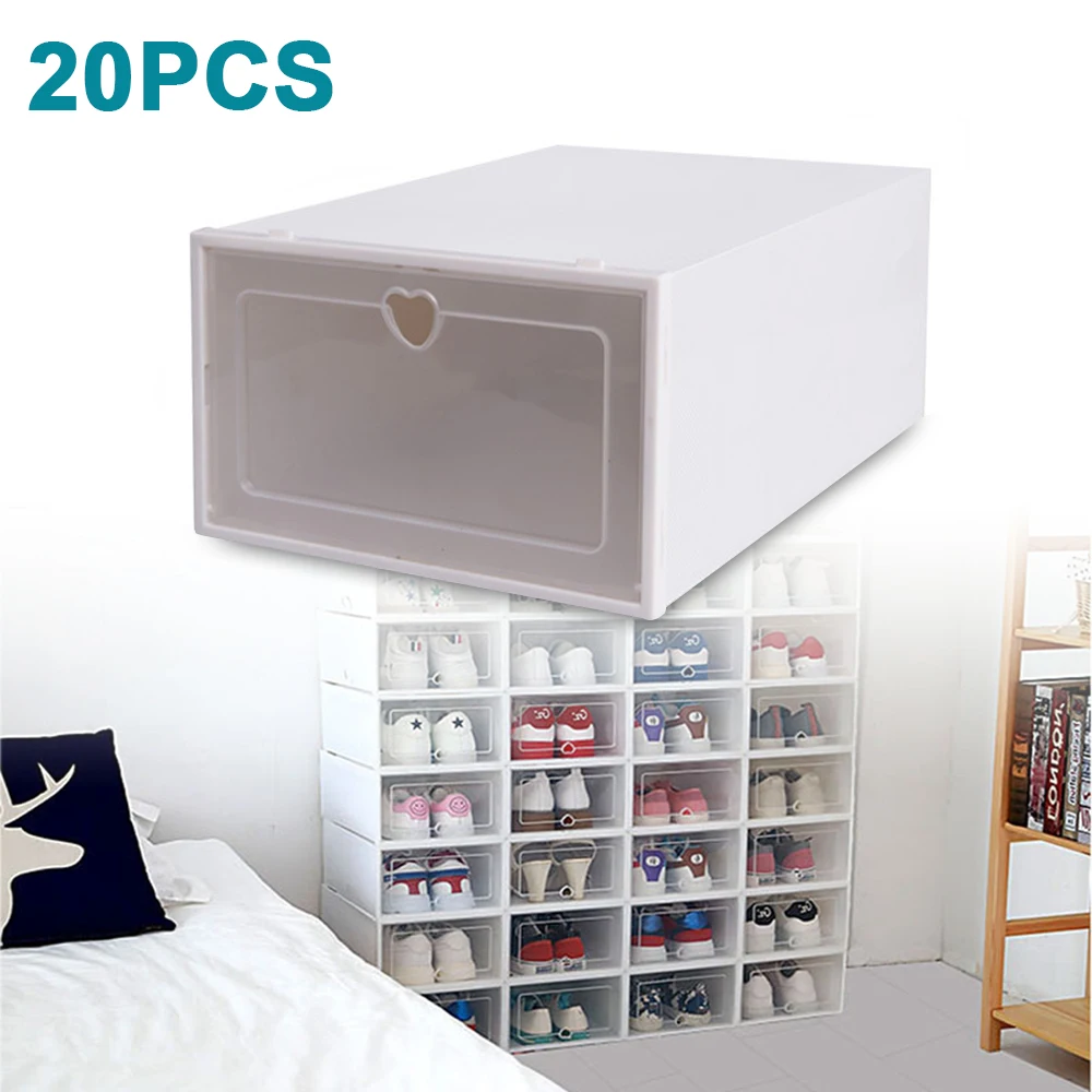 20 Pcs Shoe Organizers Transparent Shoe Storage Organizer Foldable Plastic Shoe Boxes Shoe Display Case Stackable Space Saving