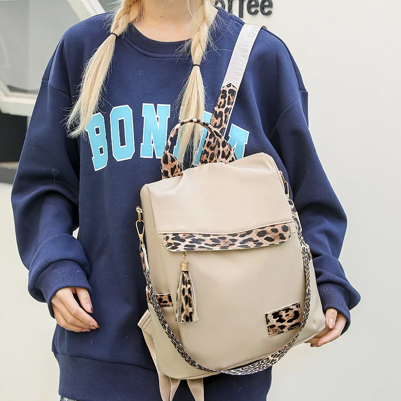 Leopard Print Stylish Multi-function Luxury Backpack Women Casual Tassels Large Capacity Backpack Anti theft Designer Nylon Bag