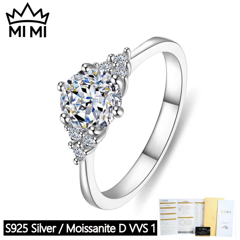 

MI MI 925 Sterling Silver GRA Certified 1CT Moissanite Three-Stone Six-Claw Micro Paved Engagement Ring Adjustable Gift Box