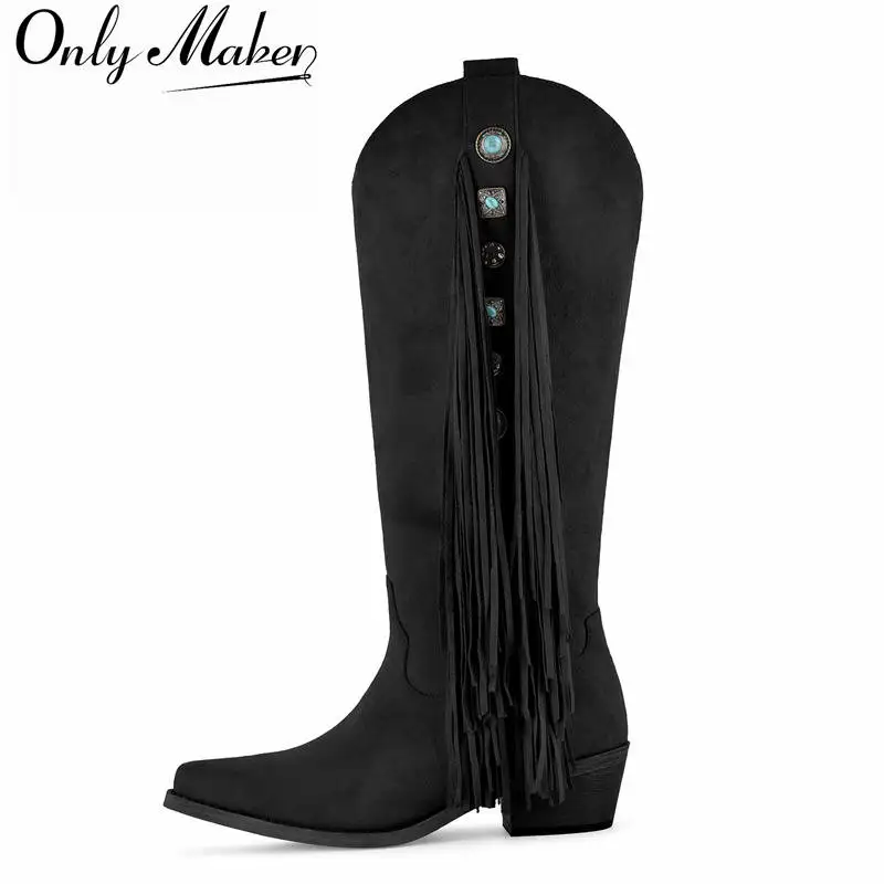 Onlymaker Women Pointed Toe Black Faux Suede Fringe Cowboy Boots 5CM Block Heel Knee High With Turquoise Metal Western Boots