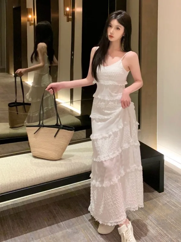 Vestido E Branco Sem Alças para Mulheres, Vestido de Verão com Cintura Ajustada, Saia Longa em Camadas, Vestido A-Line...