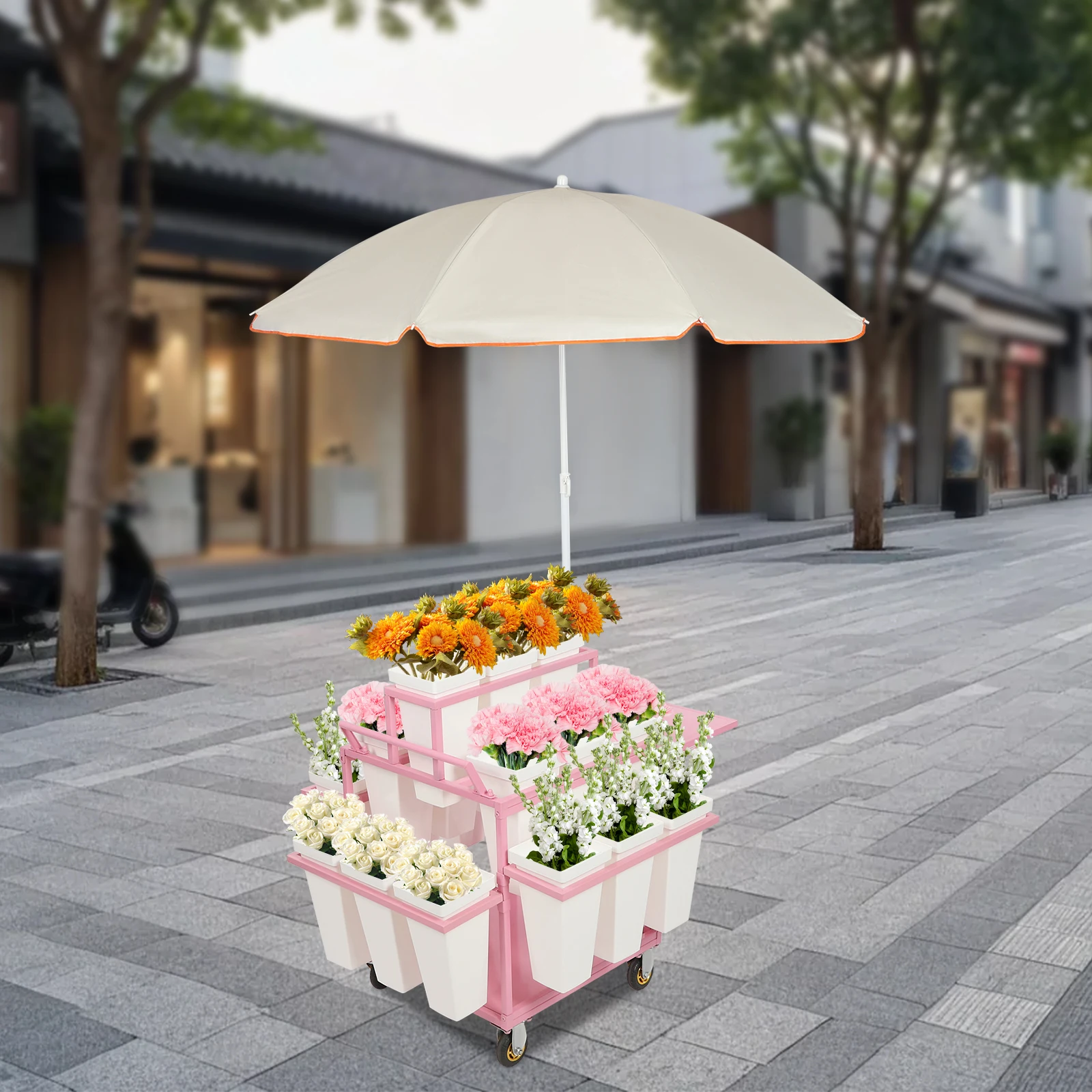 Flower Display Stand With 18PCS Buckets 3 Layers Plant Cart with 4 Wheels Heavy Duty Moving Flower Rack for Indoor Outdoor Patio