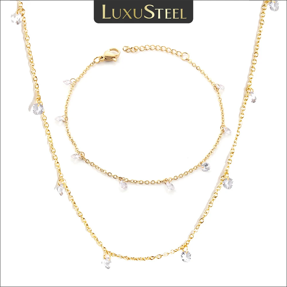 LUXUSTEEL Dainty Women Necklace Bracelet Set Gold Color Stainless Steel CZ Crystal Charm Rolo Chain Jewelry Set Valentine's Gift