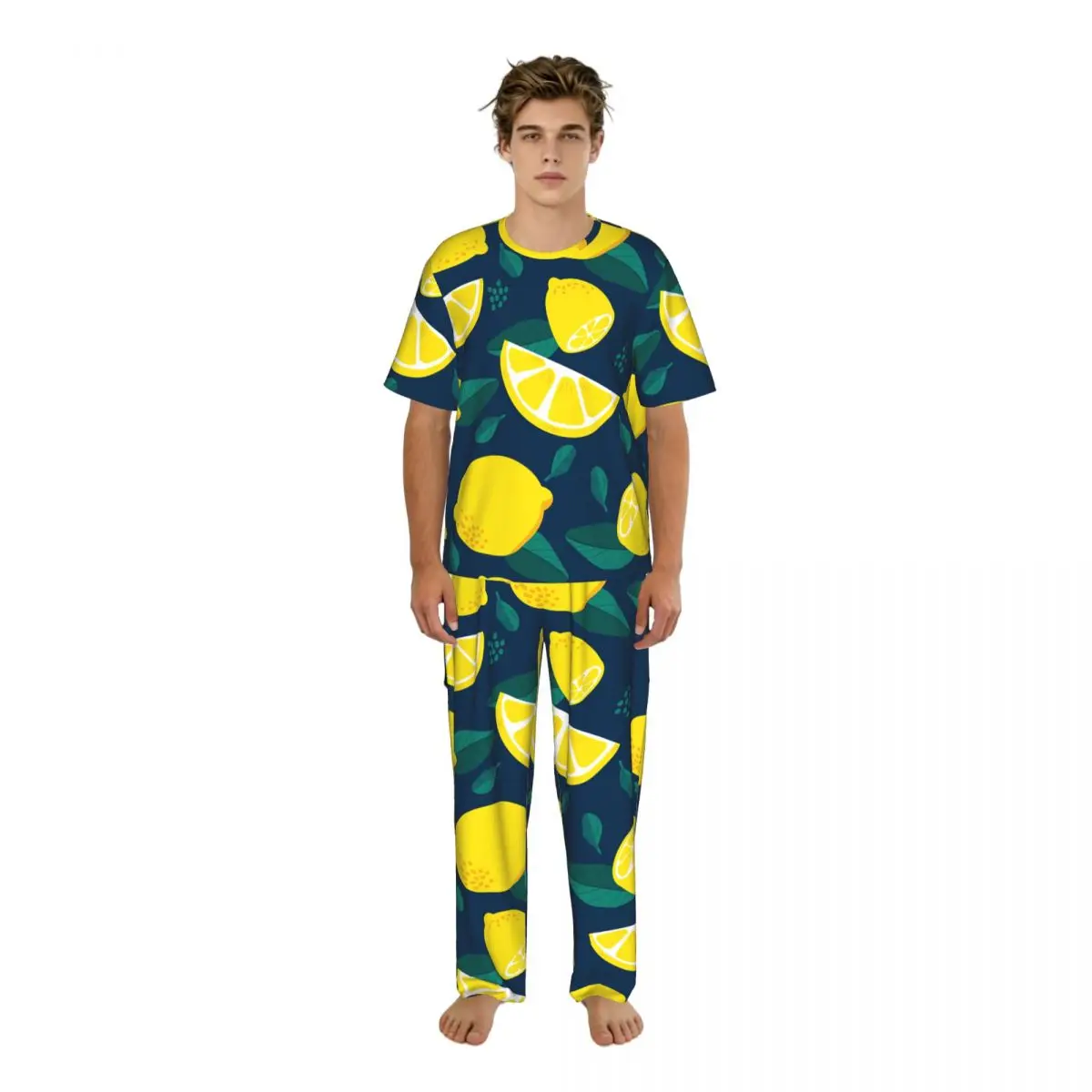 Men Pajamas Set Lemon And Green Leaves Short Sleeve Spring Summer Lounge Sleepwear Male Nightwear