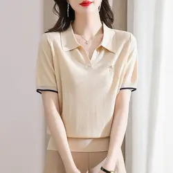 Women's Polo Shirts Knitted Plain Baggy Pink Female Tee Korean Clothing T-shirts Polyester Fashion 2025 Popular Clothes New Y2k