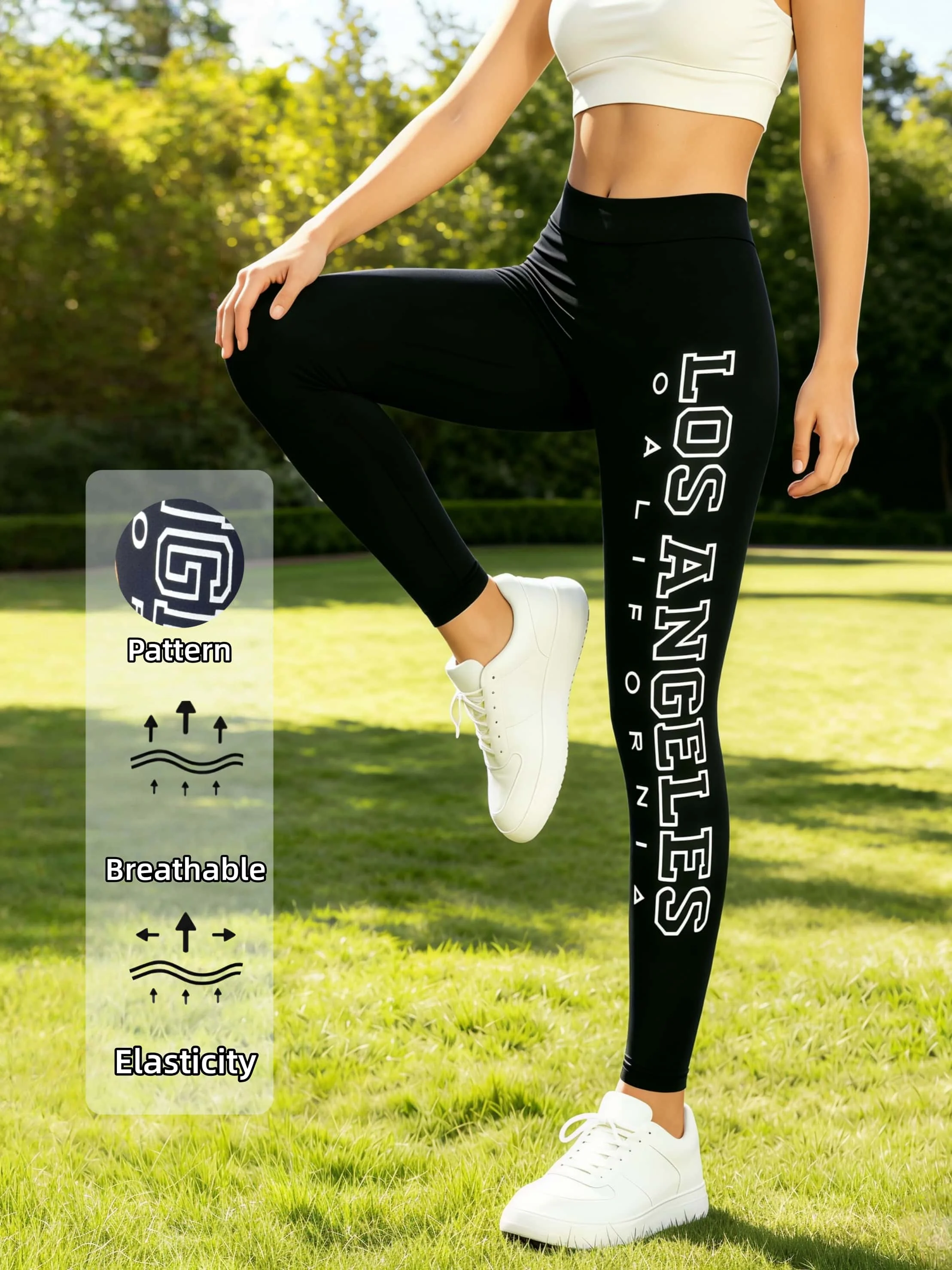 Women's Side Letter Print Leggings High Waist Stretchy Casual Comfortable Black Nine Points Versatile Pants For Daily Shopping