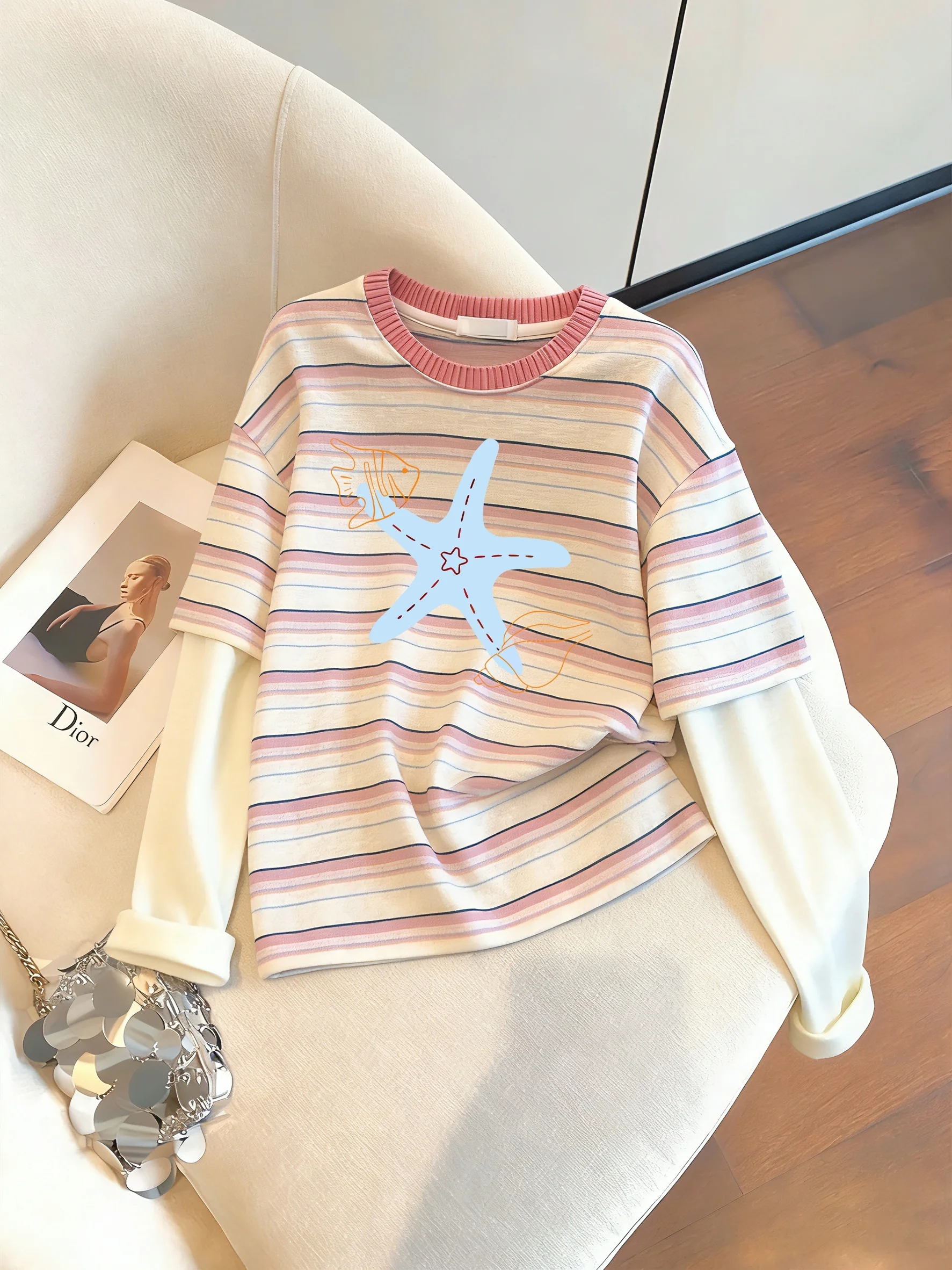 

Повседневная свободная футболка унисекс с длинным рукавом и круглым вырезом, весенне-осенний дизайн, имитация двухслойности, корейский стиль, для отдыха, универсальная.