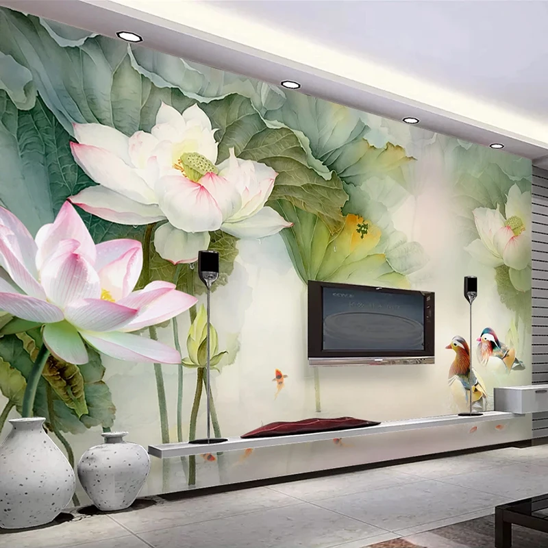 Custom Waterproof Canvas 3D Wall Mural Wallpaper Flower Duck Lotus Chinese Style Oil Painting Bedroom Living Room TV Background