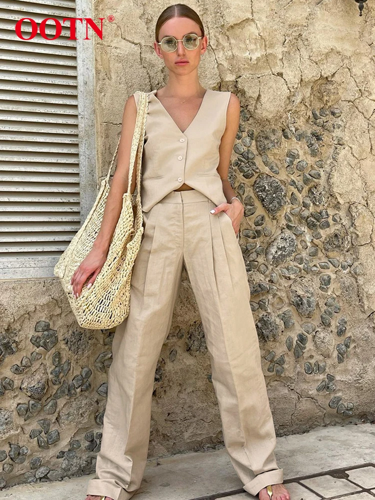 OOTN Elegant Cotton Linen Shirts Sets Office Summer V Neck Single Breasted Vest High Waist Long Pants Two Piece Sets Women 2023