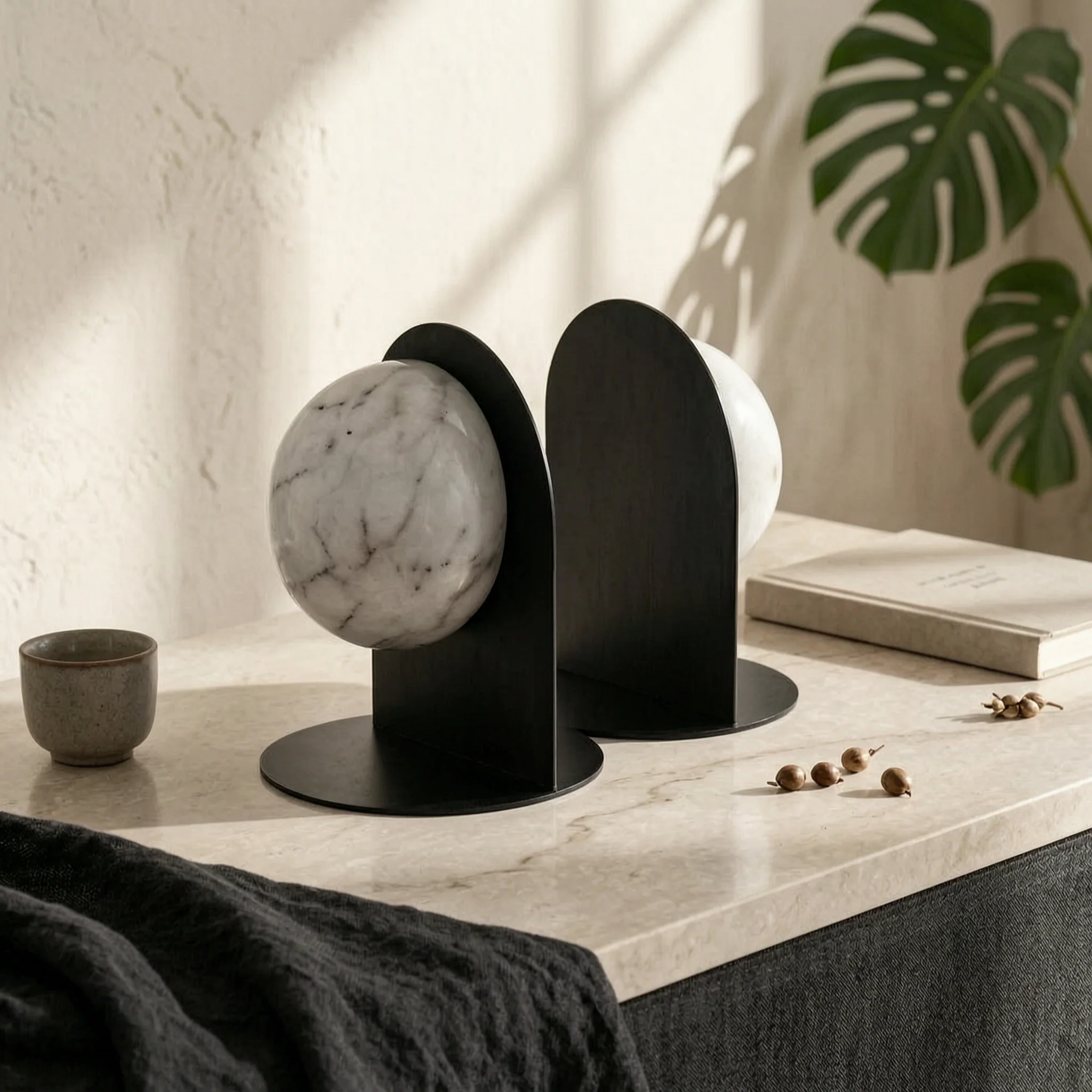 Round Bookends with Marble Sphere Geometric Marble Bookends with Metal Base Bookend Set Decorative Elegant for Readers