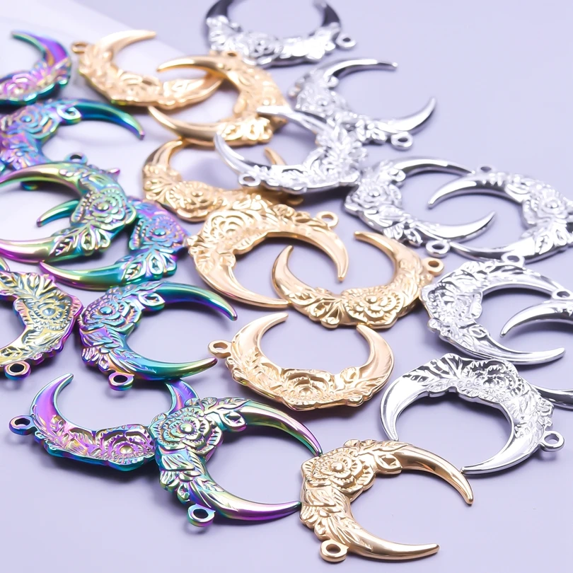 10pcs Crescent Moon No Fade Stainless Steel Charm The Cat On Moon Pendant Accessories Making DIY Earrings Jewelry Finding Craft