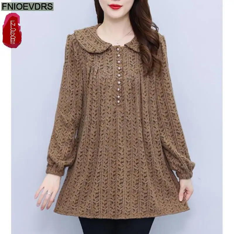 L-5XL Loose Clothes 2023 Women Autumn Elegant Basic Shirts Retro Black Purple Hollow Out Lace Floral Peter Pan Collar Top Blouse