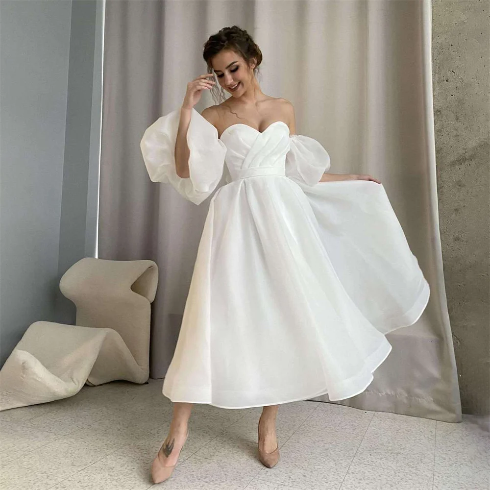 Elegant Tea Length Evening Dresses Lady Short Party Dress A-Line Evening Gown Puff Sleeves Cocktail Dresses Vestidos De Noche