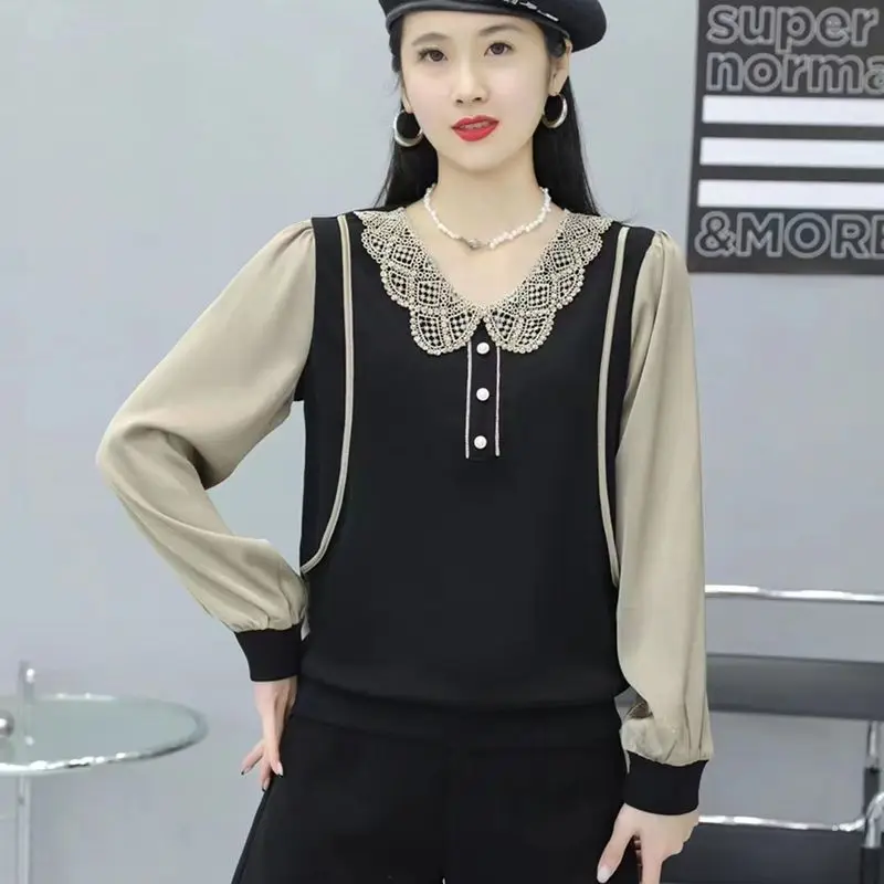 Fashion Peter Pan Collar Button Spliced Lace Blouses Women's Clothing 2024 Autumn New Loose Commuter Tops All-match Shirts