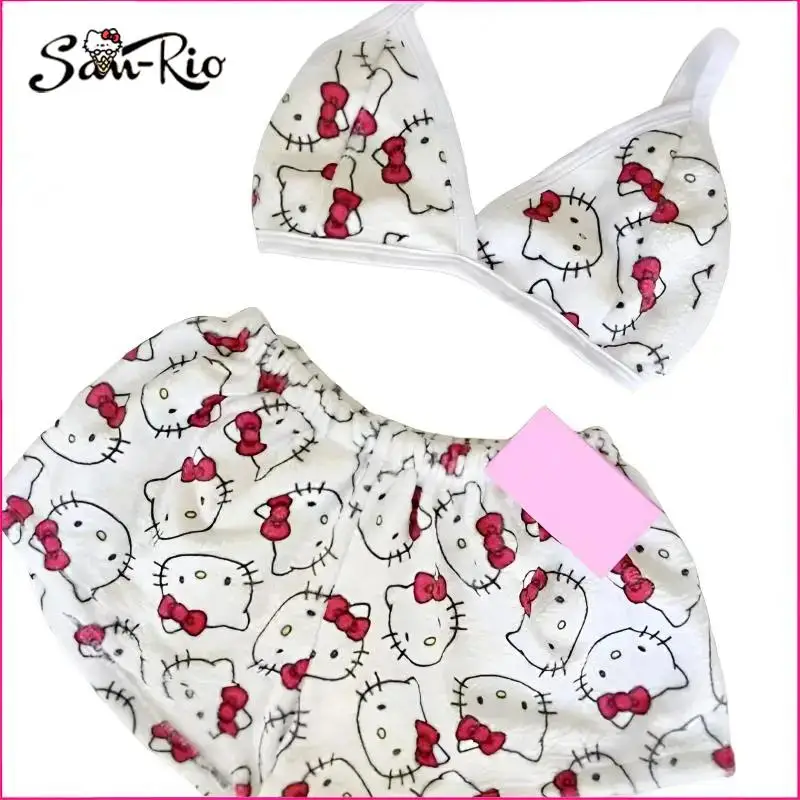 Hello Kitty Ladies Pajama Sanrio Cartoon Sleep Bottoms Lounge Home Wear Summer Beachwear for Women Two-Piece Women\'s Clothing