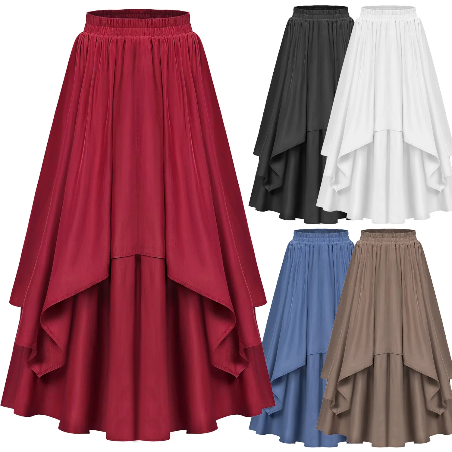 Women Skirt Retro Renaissance Tunics Irregular Dual-Layer Swing Skirt Elastic Waist High Waist Streetwear A-Line Maxi Skirt