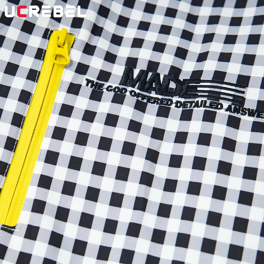 Contrast Paneled Plaid Jacket Mens Letter Embroidery Autumn Streetwear Stand Collar Long Sleeve Windbreaker Man