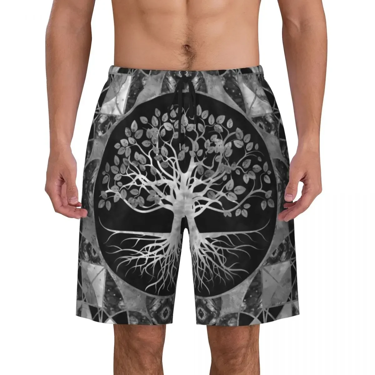 Tree Of Life Gray Scale Gemstone Boardshorts Men Quick Dry Shorts Vikings Yggdrasil Swim Trunks Custom Printed Bathing Suits