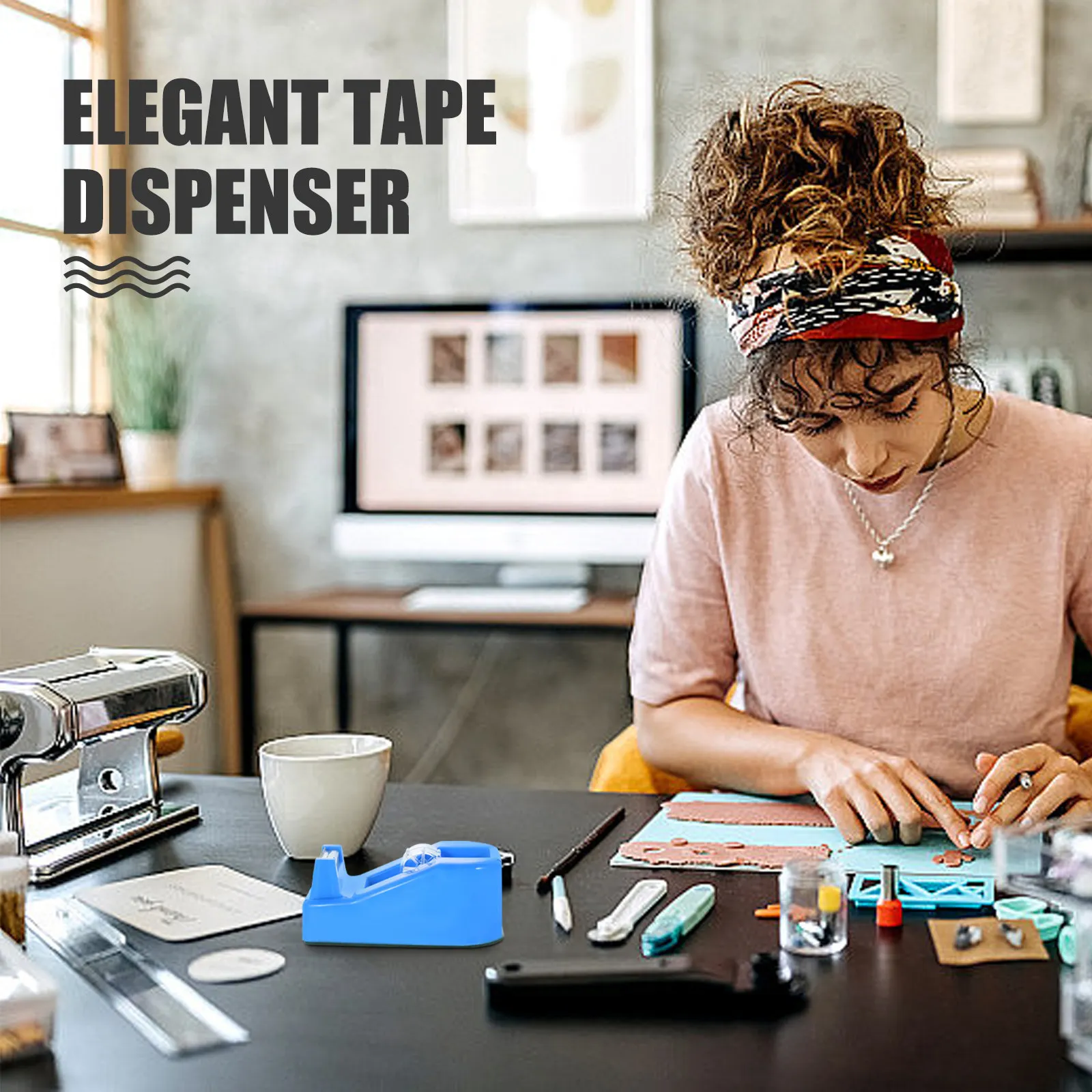 

Desk Tape Dispenser with Sharp Serrated Cutter Non Skid Base Compact Lightweight for Office School Home Scrapbooking Art