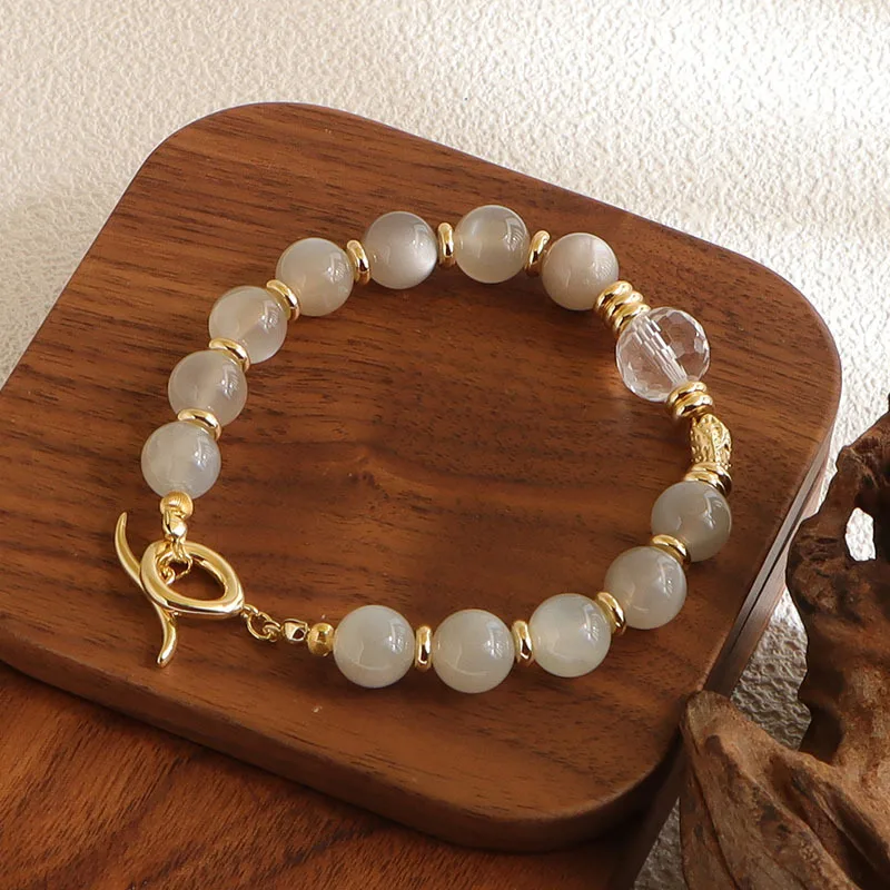 

Minar Delicate Natural Stone Crystal Glass Beads Elastic Strand Bracelets for Women 14K Real Gold Plated Copper Accessories