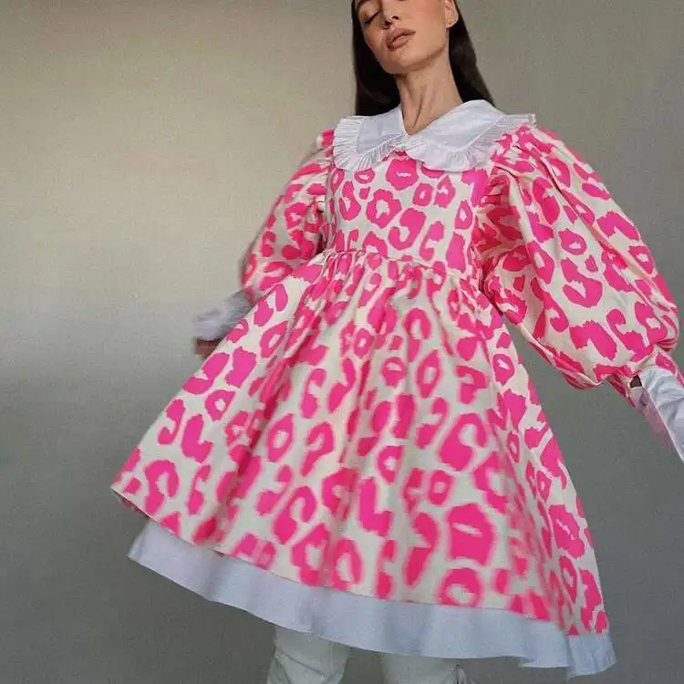 

2025 Spring New Fashionable Long Sleeve High Waist Printed A-E Dress Doll Neck Fluffy Skirt