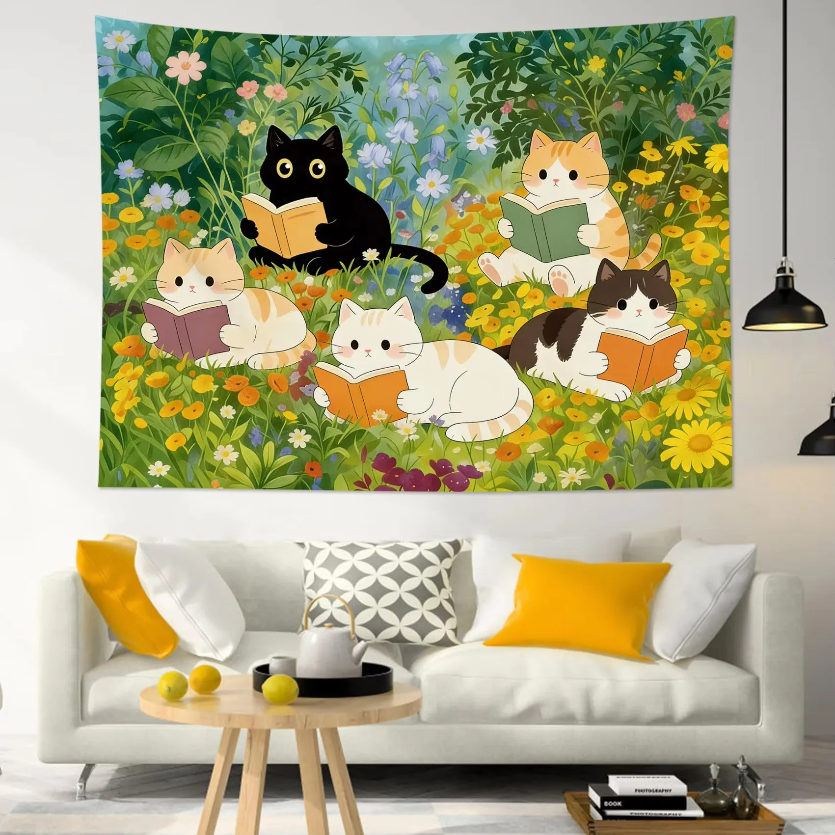 Cartoon Kitten Reading Books Tapestry, Cute Cats Flower Garden Wall Hanging for Bedroom Living Room Dorm Aesthetic Home Decor