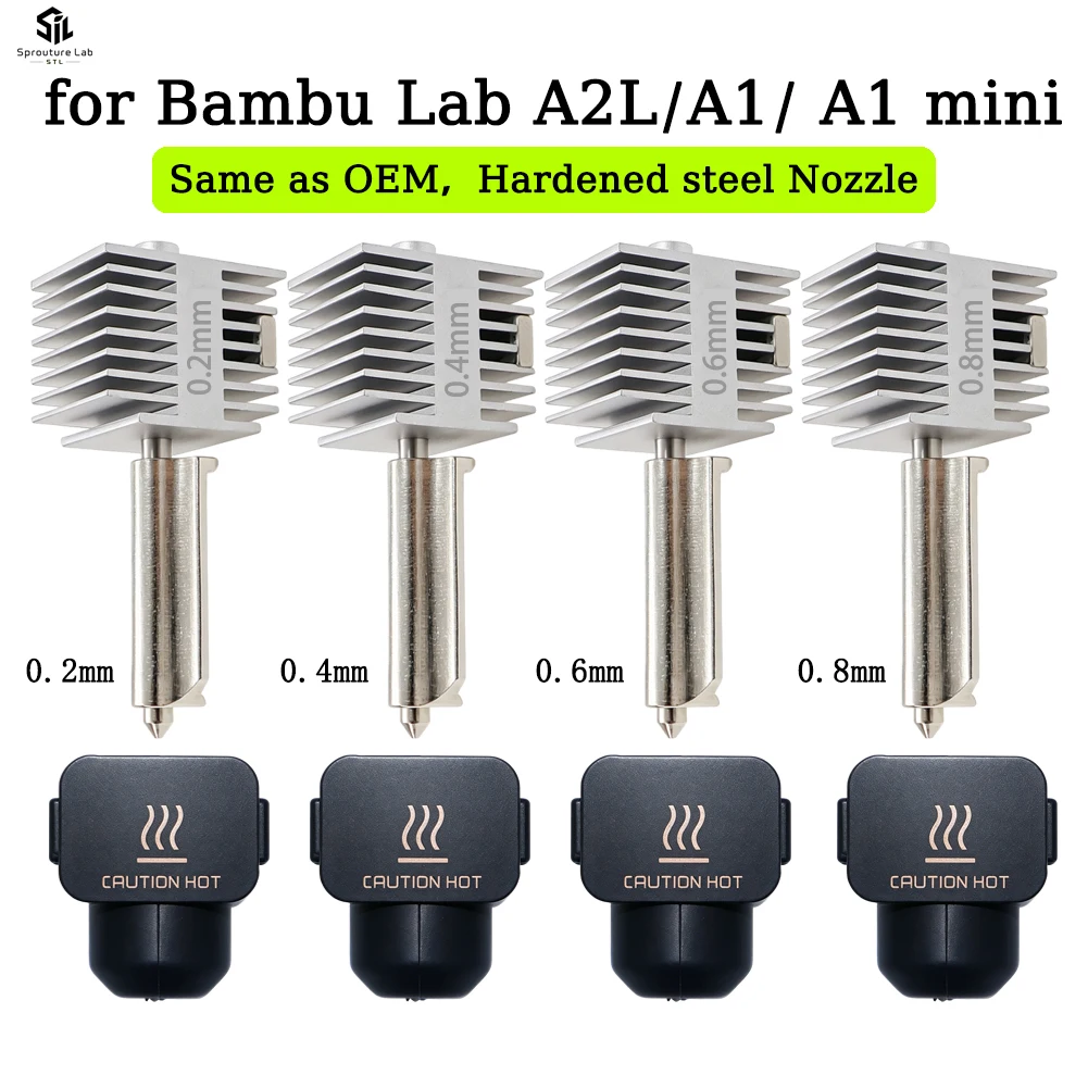 Verbessertes Hotend-Kit für Bamb Lab A2L/A1/A1 Mini – Hochgeschwindigkeits-Hotend-Baugruppe mit 0,2/0,4/0,6/0,8 mm gehärteter Stahldüse – 3D-Teil