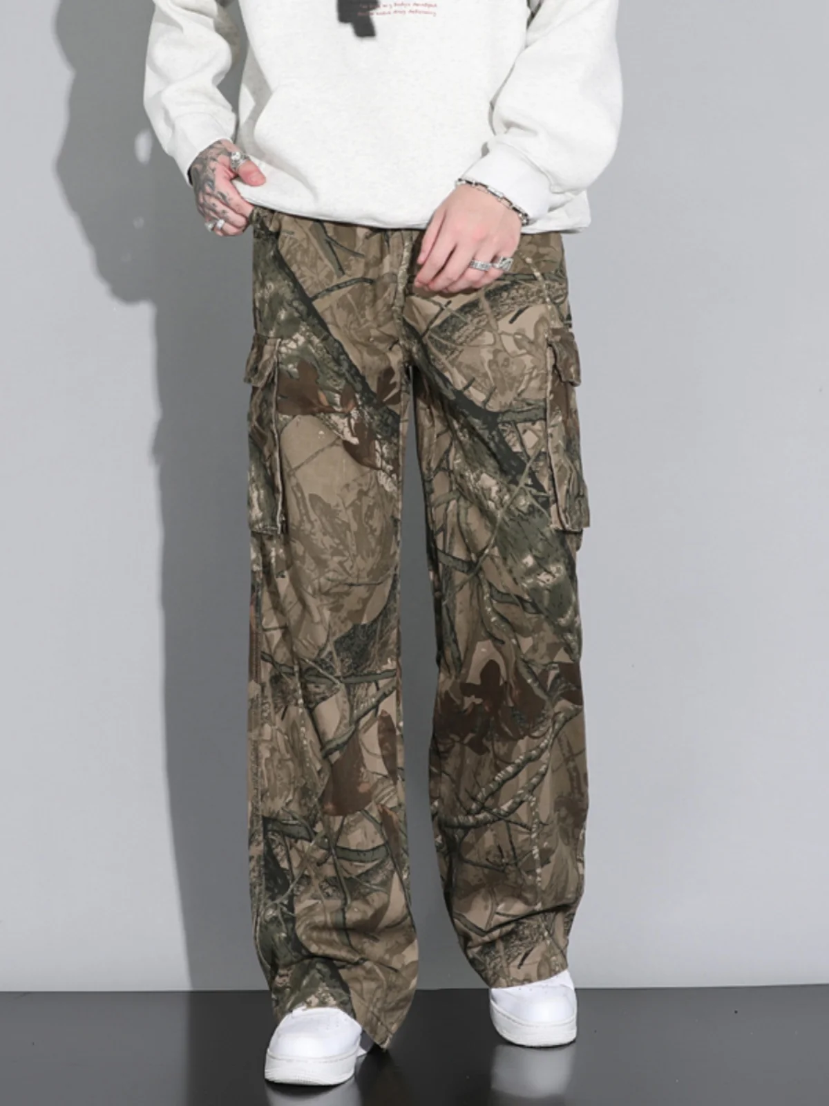 

Trendy Camouflage Work Pants Men's Loose Straight Casual Trousers American Retro Long Pants Branch Design Large ket