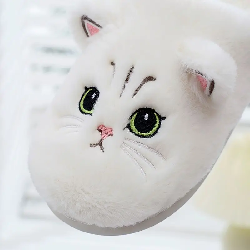 Plus Size 36-47 Couples Cute Cat Slippers Woman Home Fluffy Slides Indoor Clogs Men's Winter Plush Cotton Kitten Shoes