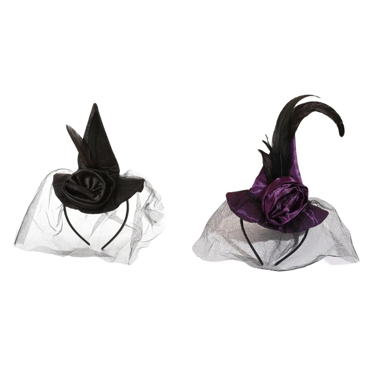 HX6F Halloween Witch Hat Hair Hoop with Rose Mesh Drape Trim