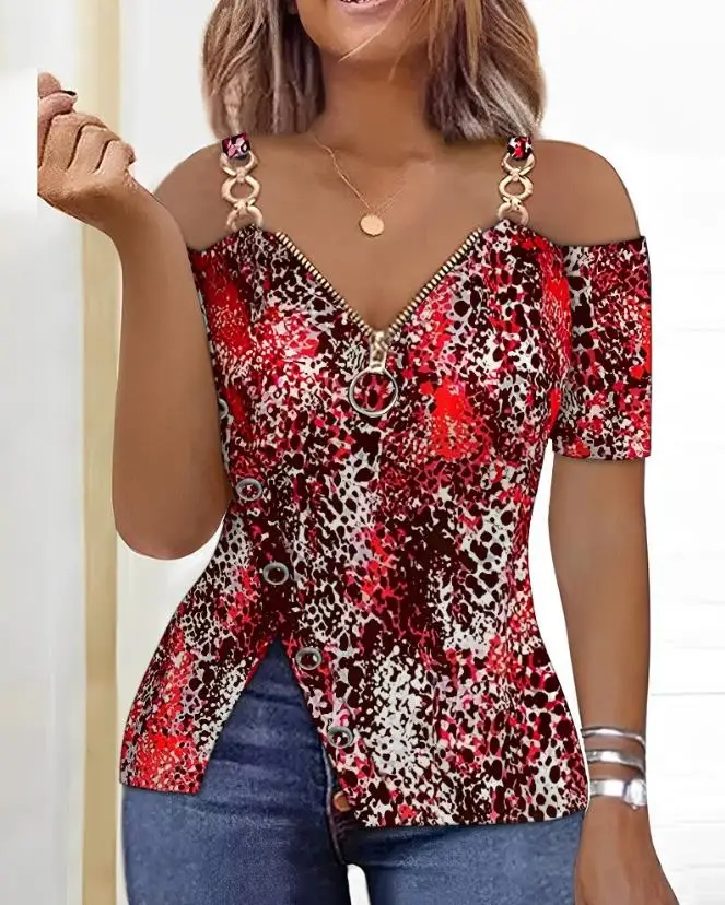 Leisure Summer New Product Women\'s Shirt 2023 Leopard Pattern Zipper Details Split Bottom Cold Shoulder Versatile Vintage Top