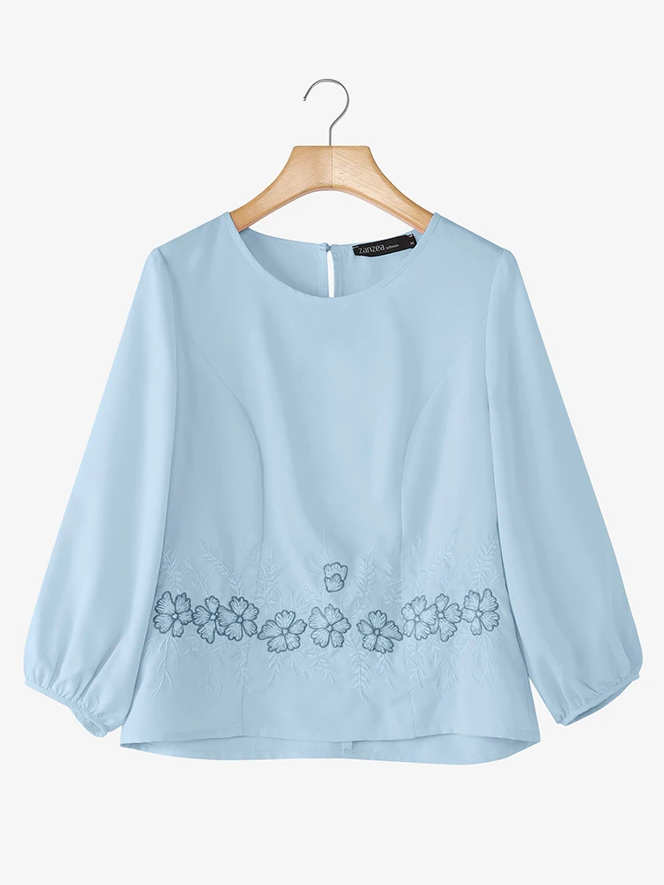 

2025 ZANZEA Autumn Elegant Work Shirt Women Embroidered Blouse Fashion Casual O Neck Long Sleeve Tops Female Chemise Oversize