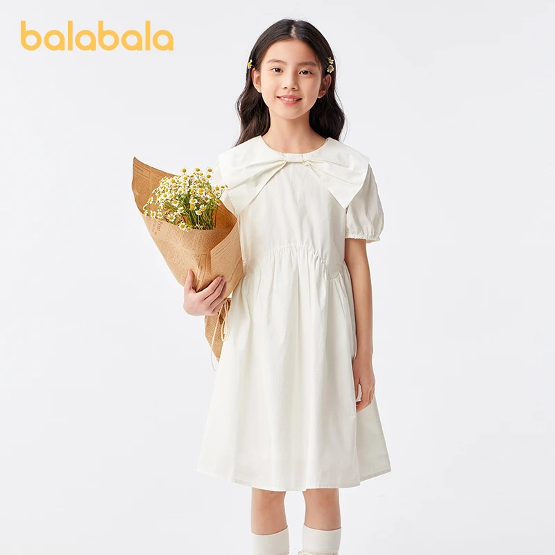 Balabala Kids Clothing Girls Dress 2024 Summer New Middle to Big Kids Dress Sweet Fashionable A-line Dress with Bow Tie Collar