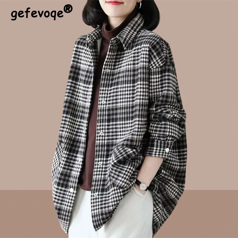 Women Vintage Plaid Oversized Streetwear Thick Shirts Autumn Winter Casual Lapel Long Sleeve Jacket Y2K Female Cotton Tunic Tops