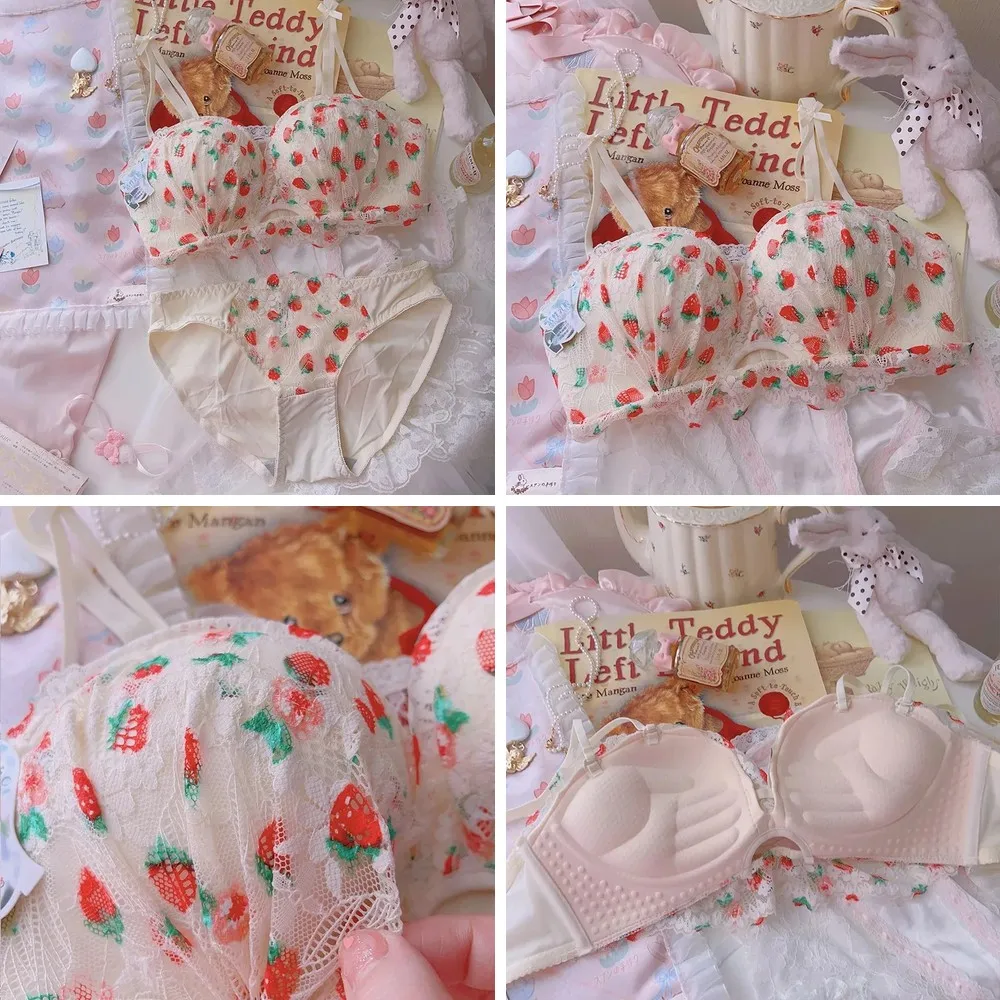 

Strawberry Lace Latex Bra Set for Small Chest, Push Up Anti-Sagging Side Gather Underwear