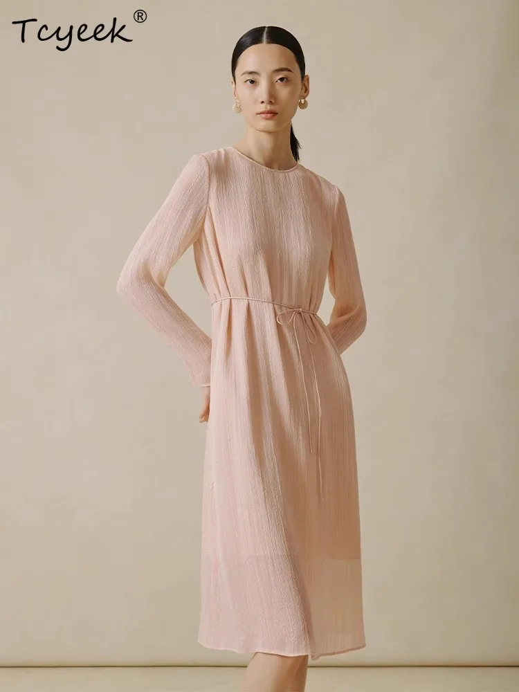 Tcyeek 10MM 100% vera seta abiti eleganti donna striscia irregolare manica lunga semplice OL vestito da partito 2024 primavera estate D3D768QM