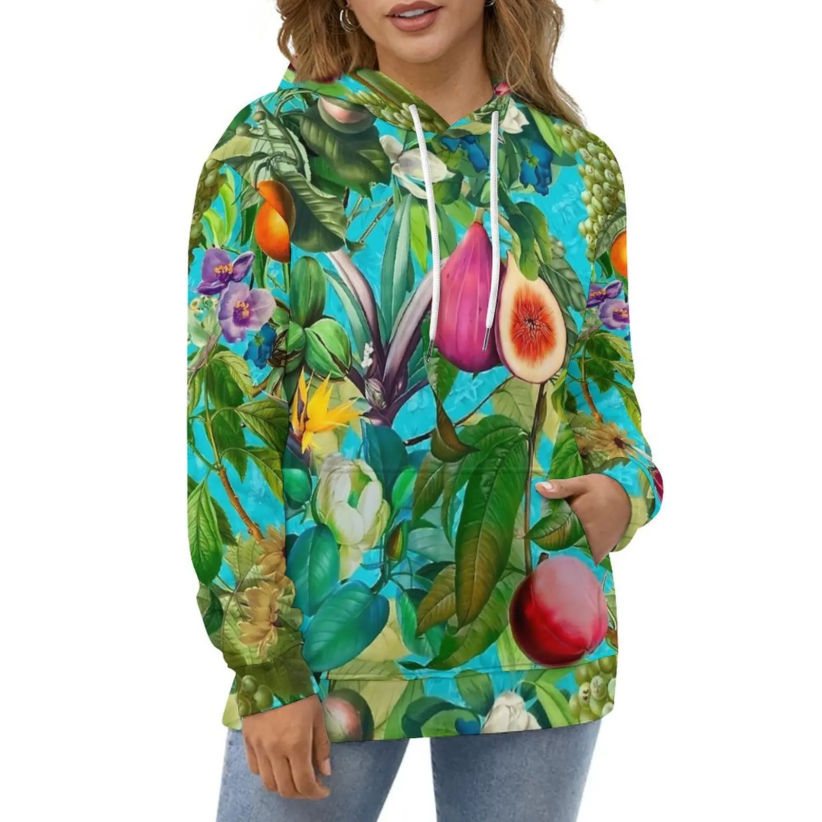 Tropical Floral Leaves Casual Hoodies Fruit Print Y2k Printed Loose Hoodie Spring Long-Sleeve Hip Hop Oversized Clothes