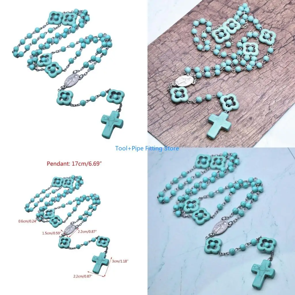 F92B Blue Turquoise Beads Rosary Necklaces Prayer Pendant Catholic Necklaces